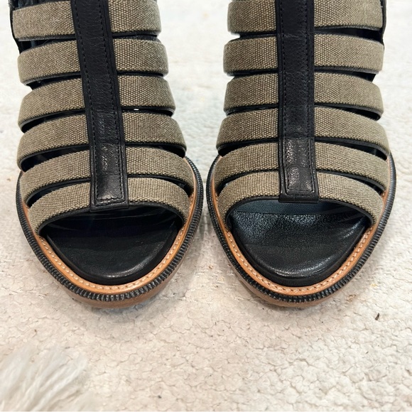 Belstaff Heels Black Leather/Green Canvas Peep Toe Caged Gladiator Sling Backs 8 - Picture 2 of 9